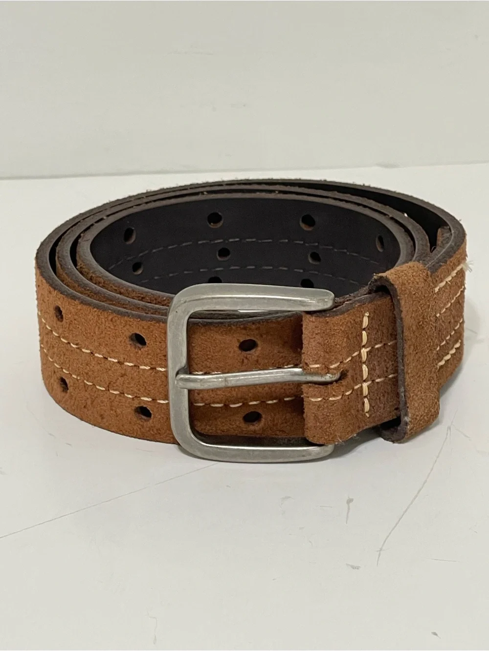 Brown Suede Leather Belt Perforated Contrast Stitching Gun Metal Buckle Men 27